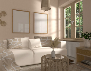 mock up 2 frames on the wall in modern living room, 3D rendering, 3D illustration