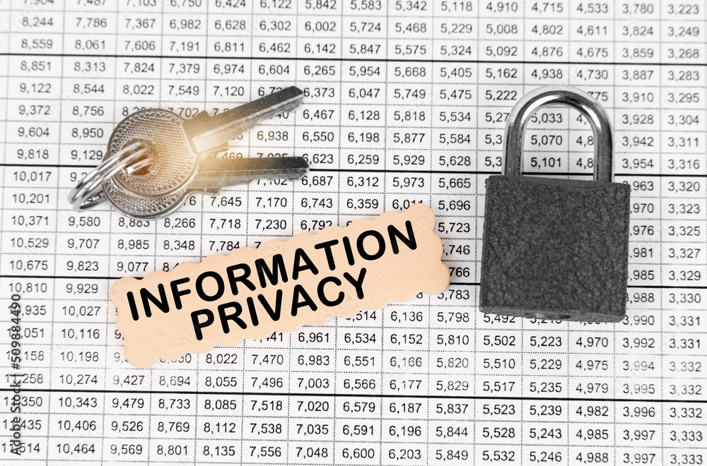 Poster against the background of a table with reports, a lock, keys and a sign with the inscription - infor