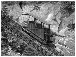 Mountain train (Bergbahn). Water powered cable cars Lucerne-Guetsch.  Publication of the book "Meyers Konversations-Lexikon", Volume 2, Leipzig, Germany, 1910