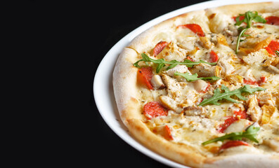 Delicious pizza with mozzarella, cream, white mushrooms, pepperoni and baked chicken