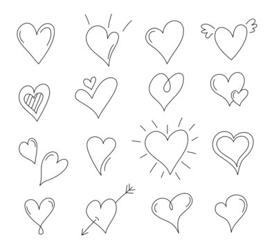 Hand drawn set of doodle hearts. Vector illustration..