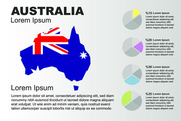 Obraz na płótnie Canvas Australia, infographic general use vector template with pie chart, copy space statistics idea, Australia, country flag map with graphic, presentation idea, blank area graph for data, grey background