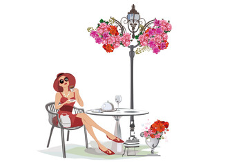 Fashion people in the restaurant. Street cafe in the old city. Girls drinking coffee at the table near the retro window. Hand drawn Vector Illustration. 
