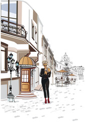 Series of the street cafes with people, men and women, in the old city, vector illustration. Girls shopping.