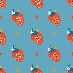 Psychedelic seamless patterns in retro 70s style, groovy hippie backgrounds. Teen print in funk style with creep smiling strawberries and hippie-style flowers.