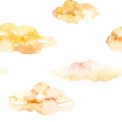 watercolor clouds with stars in pastel colors, seamless pattern on a white background, Vintage watercolor set