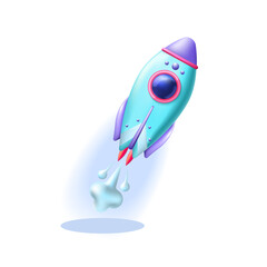 3D rocket starts and flies up, isolated on a white background.