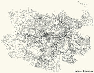 Detailed navigation black lines urban street roads map of the German regional capital city of KASSEL, GERMANY on vintage beige background