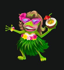 Frog cartoon holding hawaii illustration. Hawaii aloha tropical summer. Hawaiian party and beach isolated on dark background. Traditional hawaii dresses with leaves and flowers. © Iryna