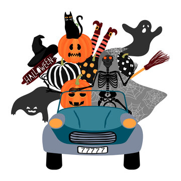 Happy Halloween!Retro car with human skeleton  in gray raincoat with hood.Orange pumpkins with cut aut faces, ghosts,cat, witch's feet and  broom.Vector background for printing on fabric and paper.
