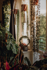 Plants collection in small millenials' rental flat: maranta, calathea, monstera, palm, ceropegia, epipremnum, philodendron, scindapsus, stromanthe, peperomia, syngonium emerald gem, hoya