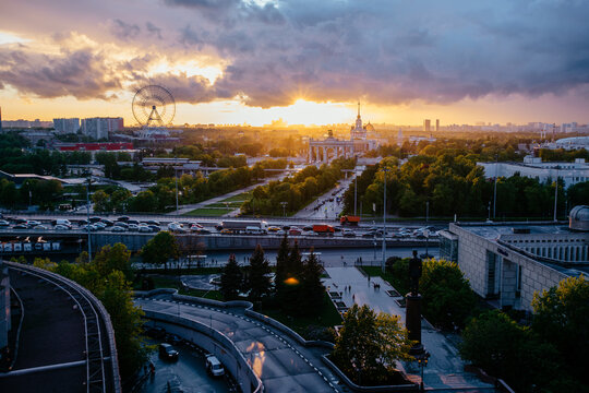 Evening sunset in Moscow VDNH district