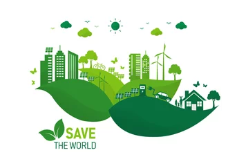 Foto op Canvas save ecosystem environment and energy on leaf. green ecology friendly city sustainable. eco family sustainable. solar cell and wind power. Earth nature day. vector illustration in flat style. © Yellow duck