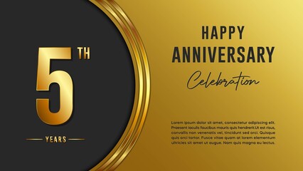 5th anniversary logo with gold color for booklets, leaflets, magazines, brochure posters, banners, web, invitations or greeting cards. Vector illustration. - obrazy, fototapety, plakaty