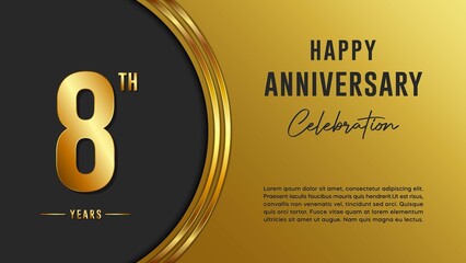 8th anniversary logo with gold color for booklets, leaflets, magazines, brochure posters, banners, web, invitations or greeting cards. Vector illustration.