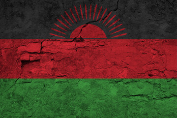 Patriotic cracked wall background in colors of national flag. Malawi