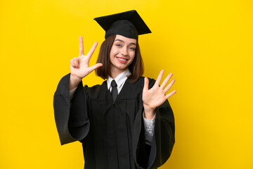 Young university graduate Ukrainian woman isolated on yellow background counting eight with fingers