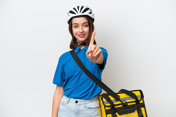 Young Ukrainian woman with thermal backpack isolated on white background showing and lifting a finger