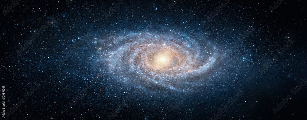 Wall mural view from space to a spiral galaxy and stars. universe filled with stars, nebula and galaxy,. elemen