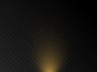 Stage light and golden glitter with the effect of golden rays and falling sparkling dust. Abstract golden rays to highlight your product. Sun rays. Vector