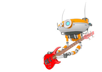 floating robot is holding and playing an electric guitar side view with copy space