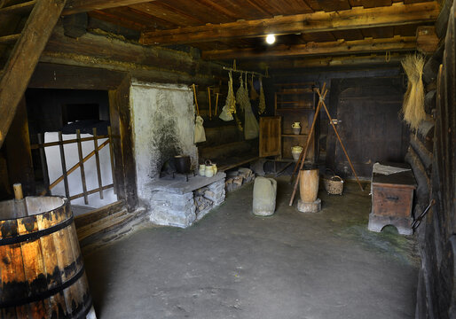 Museum exposition in house interiors - Buildings of folk architecture in the natural environment of the Orava Village Museum of Zuberec, Slovakia