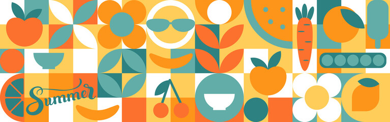 Summer lettering - set of geometric shapes, circles and squares drawn in flat cartoon vector. Fruits and vegetables in modern trendy 70s style - apple, orange, lemon, cherry and pea.