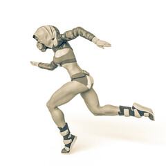 muscular woman in a cyberpunk suit running in action side view