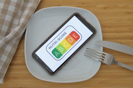 Hildesheim, Germany - May 3, 2021: Symbol of Nutri-Score, a label for foods to compare nutrition facts