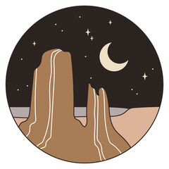 Abstract landscape. Moon and mountains. Hand drawn vector illustration. Bohemian art. 