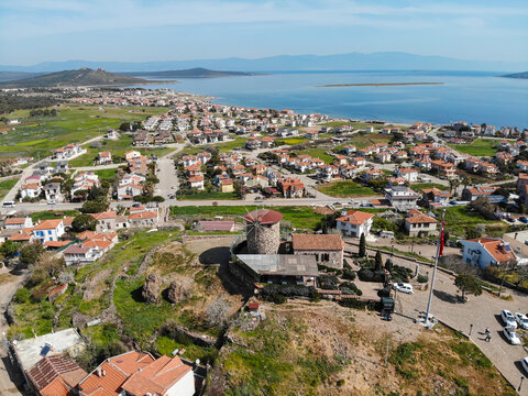  Windmill  aerial. Cunda Island view from top. Old windmill on Cunda island of Turkey
