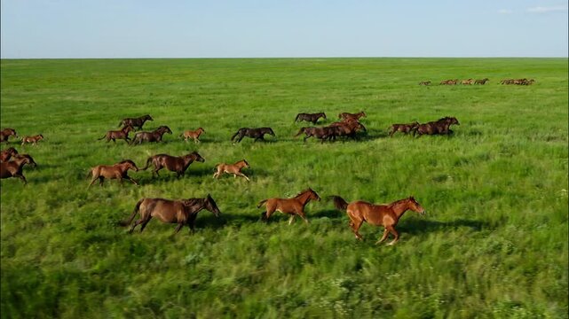 Wild Horses Running, Wild mustangs run on the beautiful green grass. Herd of horses, mustangs running on steppes aerial view. Slow motion 10 bit video