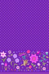 Beautiful polka dot ornament on purple background with floral border in vector. Romantic seamless print for fabric.