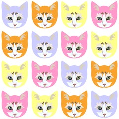 Obraz na płótnie Canvas Seamless pattern with funny multicolored cat faces in vector. Animal print for fabric with the symbols of Chinese New Year 2023.