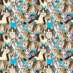 Cats seamless pattern for textile in vector. Beautiful animal print for fabric with symbols of Chinese new year 2023.