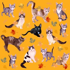 Cats play with fallen leaves on an orange background in vector. Beautiful collection of pets, symbols of Chinese New Year 2023. Seamless romantic print for fabric. Sweet animal pattern.