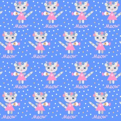 Seamless pattern with cats in dresses and wreaths of flowers with a fish in their paws and the inscription Meow on a blue background with colorful polka dots in vector. Animal print for baby fabric.