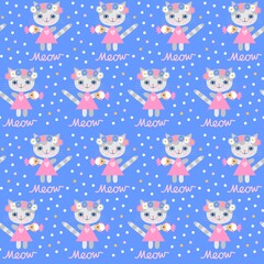 Seamless pattern with cats in dresses and wreaths of flowers with a fish in their paws and the inscription Meow on a blue background with colorful polka dots in vector. Animal print for baby fabric.