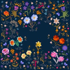 Seamless joyful floral pattern with blue butterflies on a black background in vector. Print for scarf, handkerchief, napkin, dress, wallpaper, pillow.