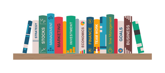Bookshelf with business books. Shelf with books about finance, marketing, management, strategy, goals, time management, team work. Banner for library, book store. Vector illustration in flat style. © Olena Dumanchuk