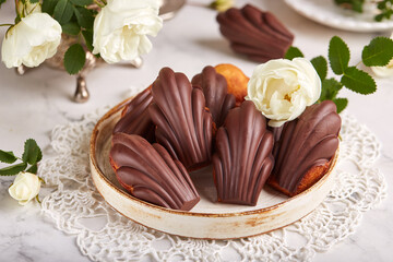 Madeleine cookies in a shape of seashells covered with dark chocolate. Traditional French Mini cakes with lemon flower. 