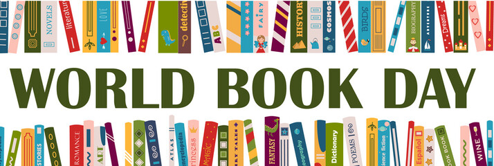 Inscription World book day on the ground of different bboks. World book day. International literacy day. Biography, adventure, novel, poem, fantasy, childrens books. Vector illustration in flat style.