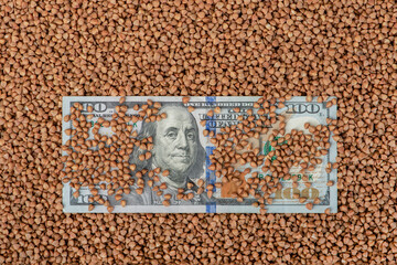 Buckwheat prices. World food crisis. Financial derivatives market. One hundred dollar bill in buckwheat.