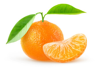 One tangerine fruit with leaves and peeled segment isolated on white background