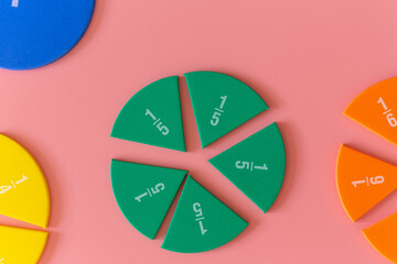 Obraz premium Close up of a pie chart, mathematical fractions. Education, back to school concept. Creative math study