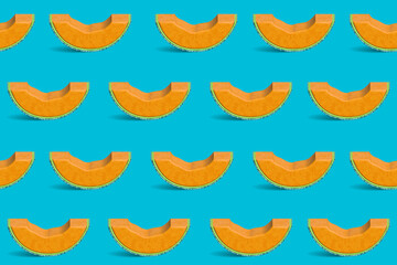 Pattern with 3D melon slices on blue background