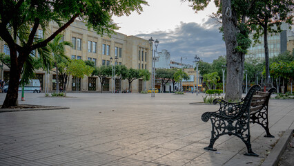 banca de parque con edificio de fondo