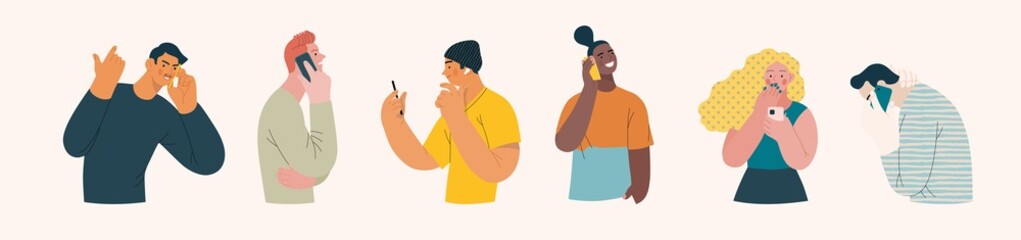 People portraits -Talking on the phone -Modern flat vector concept illustrations of man and women of various races talking on phone, half-length portrait, user avatar. Creative web illustartion set