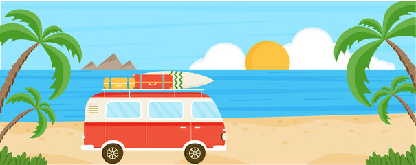 Banner with red bus with surf board and luggage on the beach. Summer sea background. Summer travel, holiday, tourism. Beach with palms, mountains, sun, camper van. Vector illustration. © Olena Dumanchuk