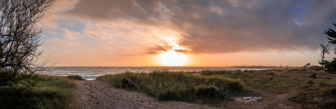 Panorama of the village of sainte-marie-de-re, re island, France. photo taken at sunrise on a stormy day